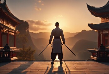 Image of a Chinese kungfu fighter with swords in hand standing on a temple and looking at the sun.
