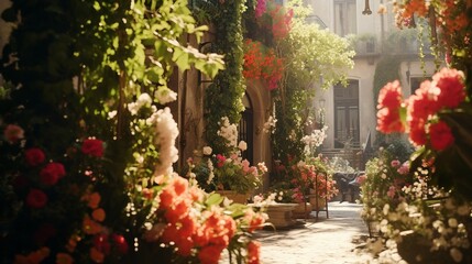 Fototapeta na wymiar Charming Street Filled With Colorful Flowers in a Narrow Pathway, Spring