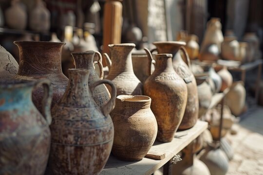 Ancient pottery vessels in an archaeological setting tell the story of bygone eras, showcasing the artistry and practicality of ancient civilizations.