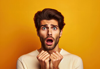 Man looking surprised, reacting amazed, impressed, standing over yellow background - obrazy, fototapety, plakaty