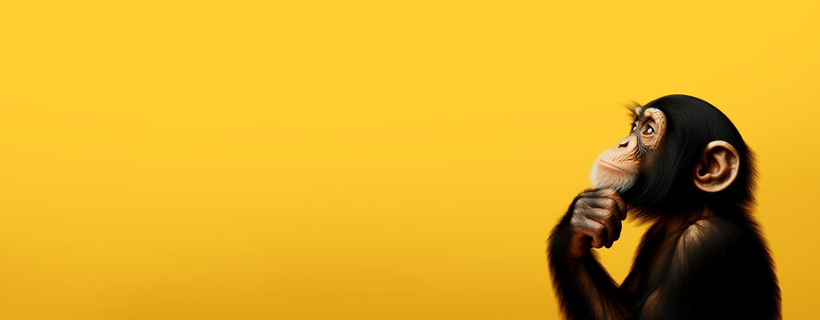 Portrait of a chimpanzee side profile, thoughtful expression, thinking pose, cute, yellow background