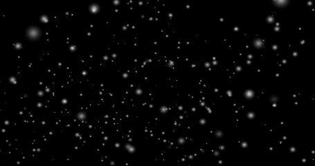 Cinematic snowfall loop animation of a surreal realistic snowflake falling bg. Snowfall winter overlay slowly falling motion graphic on a black backdrop.Snow flake for Christmas new year 2026,2025.