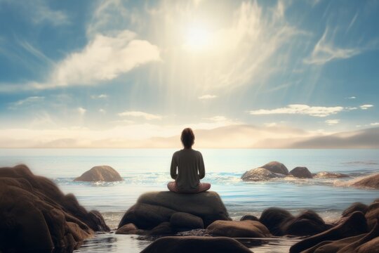 A woman meditating by a large lake early in the morning