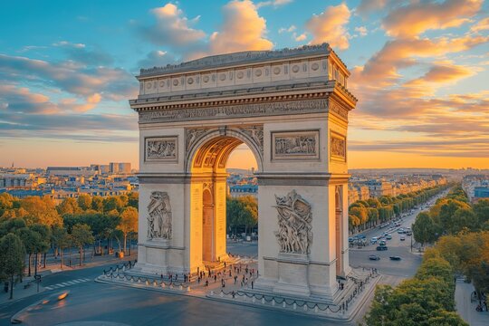 Arc de Triomphe in France, Paris, aerial view on a scenic sunset