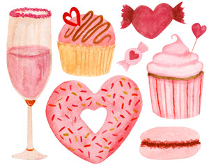 Цatercolor set, donut, candies, cupcakes, glass, macaroon isolated on white background. For various products, cards etc