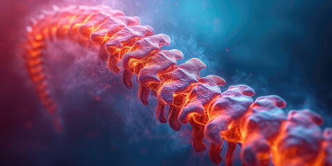 Abstract 3D Render of Glowing Spinal Cord on blue background. 3D illustration of an illuminated spine with neural network activity, symbolizing biotechnology and medical visualization.