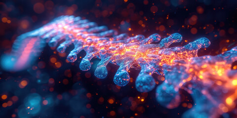 Abstract 3D Render of red Glowing Spinal Cord. 3D illustration of an illuminated spine with neural network activity, symbolizing biotechnology and medical visualization.