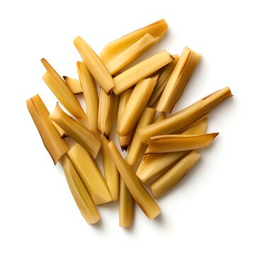 Photograph of bamboo shoots, top down view, wite background 