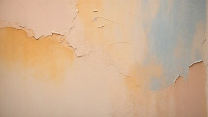 Fototapeta premium Closeup of a textured cream wall with color wash paint technique, AI-generated.