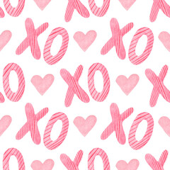 Watercolor pattern, hearts and letters in pink colors, on a white background. For various valentine's day, wrapping etc.