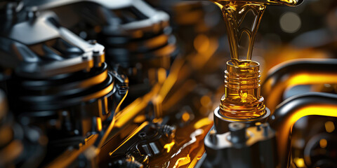Car Engine Oil motion Close-up. Macro shot of golden motor oil being poured during a vehicle maintenance service, with engine parts in the background.
