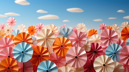Vibrant paper pinwheels against a clear sky, excellent for party and fun activity themes