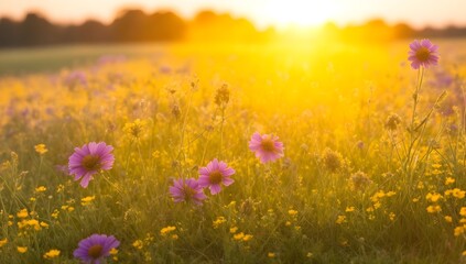 Fototapeta na wymiar Sunset Over the Meadow. Flowers Bathed in the Warm Evening Glow