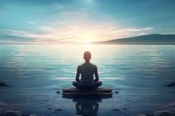 Man meditating by a large lake early in the morning