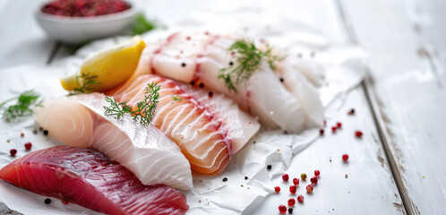 Fresh Fish slices with Lemon and Rosemary on Wooden Background, copy space. Raw fish on a rustic white-painted table.