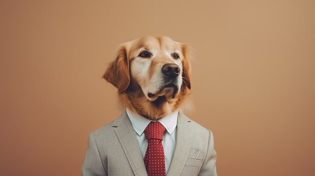 Stylish Golden Retriever in Suit and Red Tie, Humorous Business Animal Portrait on Beige Background