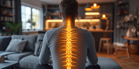 Man with Highlighted Spine Pain. Digital composite image of a man's spine glowing to indicate back pain. - obrazy, fototapety, plakaty