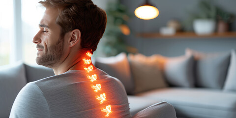Man with Highlighted Spine Pain. Digital composite image of a man's spine glowing to indicate back pain.