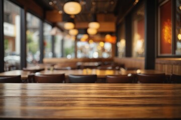 Interior of a restaurant with a blurred table and chairs background - obrazy, fototapety, plakaty