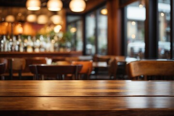 Interior of a restaurant with a blurred table and chairs background