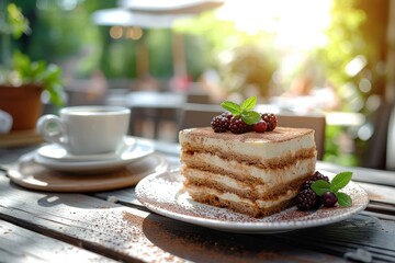 Close-up of wooden table with a plate of tiramisu and a cup of coffee in a stylish outdoor café bathed in sunlight. Traditional Italian dessert topped with cocoa and fresh berries. - obrazy, fototapety, plakaty