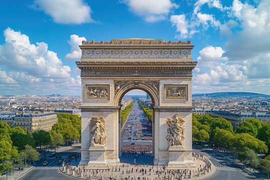 Arc de Triomphe in France, Paris, aerial view on a scenic sunset