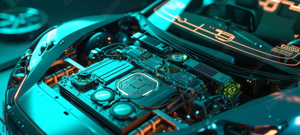 Aufkleber 3d graphic rendering showing a fully developed electric vehicle prototype. close-up of the engine co
