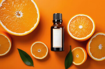 unbranded essence oil bottle on orange background with citrus slices. mockup for cosmetic products.