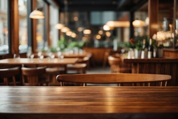 Interior of a restaurant with a blurred table and chairs background