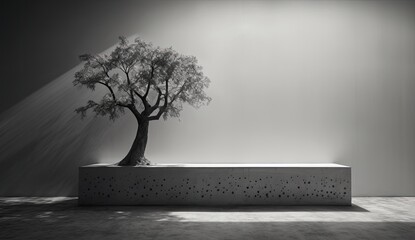 Monochrome photo featuring a tree against the backdrop of an ultra-modern minimalist structure made from concrete
