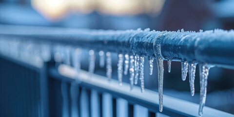 Winter Frost on Staircase Railing. Close-up of icicles and frost on a metal railing during a chilly winter morning. Danger of slipping or falling.