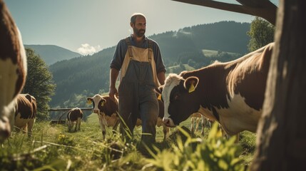 A male farmer tends his cows on a small family farm in the mountains. Cattle breeding as a way of life. Organic products - obrazy, fototapety, plakaty