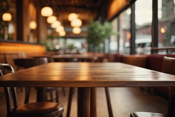 Interior of a restaurant with a blurred table and chairs background