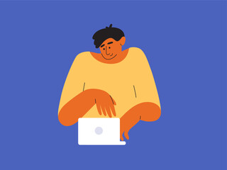 Young man sitting in front of laptop working looking at monitor. Male character typing message, browsing, shopping, looking for information in internet, chatting. Home, office work vector illustration