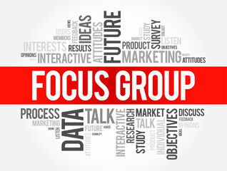 Focus Group is a group interview involving a small number of demographically similar participants, word cloud concept background