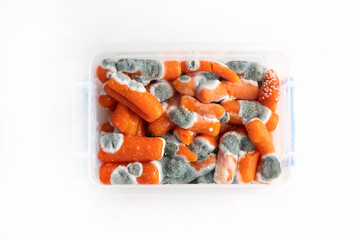 On a white background in a transparent box, carrots infected with mold fungi.