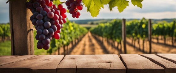 Wooden empty rustic table with red grape, on blurred vineyard landscape background 