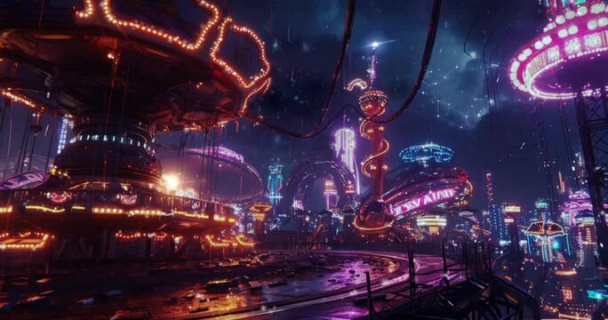 futuristic carnival with glowing rides and attractions, seamless looping video background animation