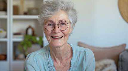 Fototapeta na wymiar Older Caucasian woman with short hair sitting on a couch, enjoying leisure comfort retirement