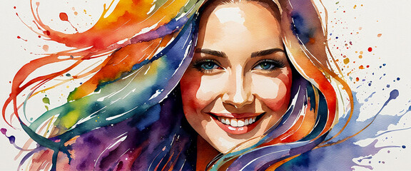 Smiling face of a woman with blue eyes. Floating hair expressed in rainbow colors. Illustration in watercolor style.