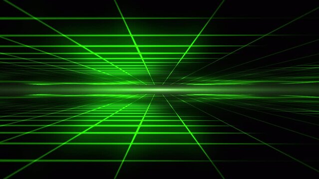 Futuristic retro grid of neon green lines forming an endless tunnel. Cryptocurrency, big data, blockchain and digital technology background. Seamless grid tunnel. Finance, business, AI. 4k loop.