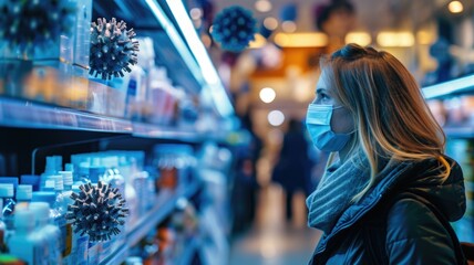 colored image of a virus that flies over society , public place, shops and street,