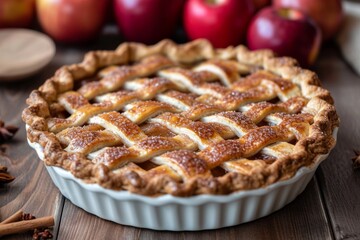 Close-up of an apple pie in white ceramic baking dish on dark wooden table. Sweet pastry topped with powdered sugar and red apples in the background.