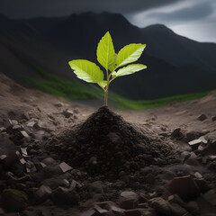 A small tree plant-grows out from contaminated soil junkyard garbage mountain - obrazy, fototapety, plakaty