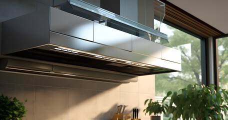 
Lovely kitchen with hood internal structure function, clean background - obrazy, fototapety, plakaty