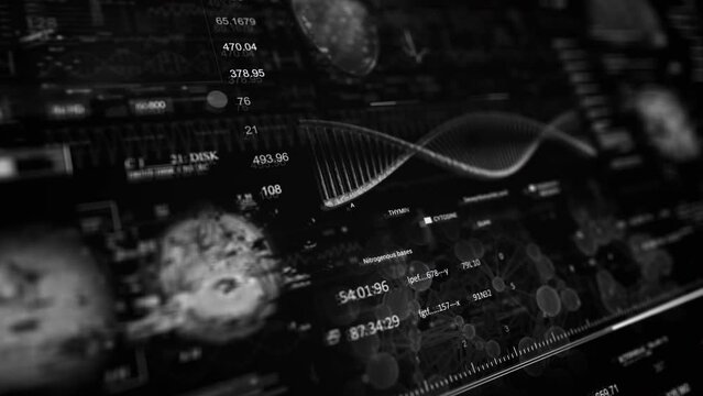 Medical UI HUD monitoring. DNA. MRI x ray Scan.Heart rate monitor. Futuristic Technological Interface. Sceleton, 3D Model Animation.Healthcare.On Black background.