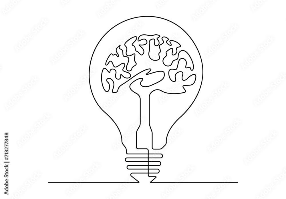 Poster continuous one line drawing of light bulb symbol idea. brain in light bulb continuous one line drawi