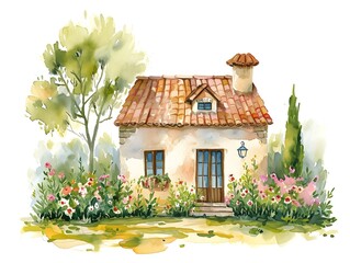 Watercolor drawing of little country village house with small garden and flowers around it, summer landscape. AI generated.