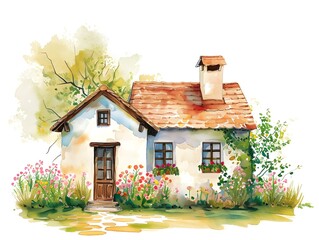 Watercolor drawing of little country village house with small garden and flowers around it, summer time. AI generated.