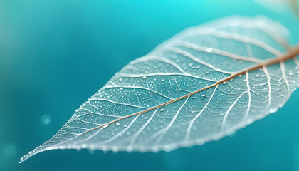 Leaf with dew drops on a blue background, close-up. Generative AI